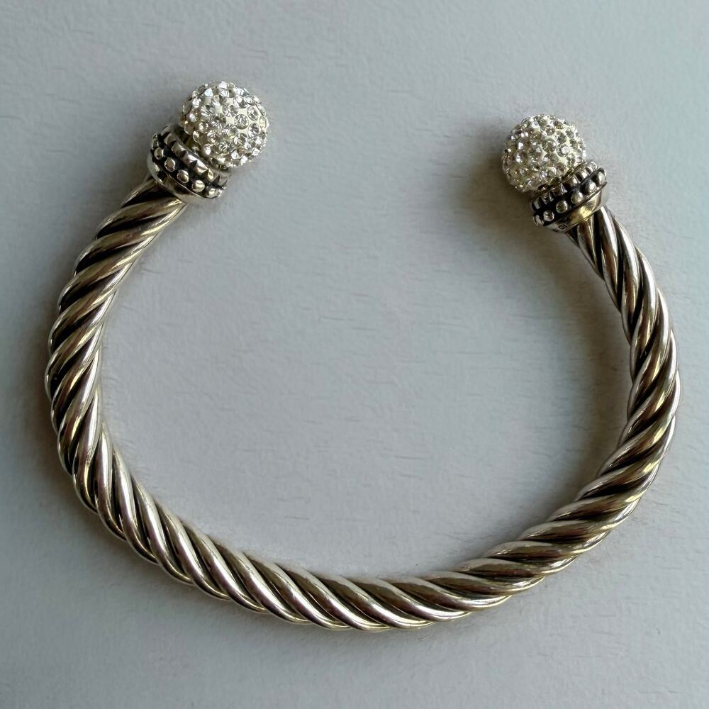 Sterling Silver Twist Cable Cuff Bracelet 925 SU CH Clear CZ Sparkly Stones Y2K - Picture 3 of 7